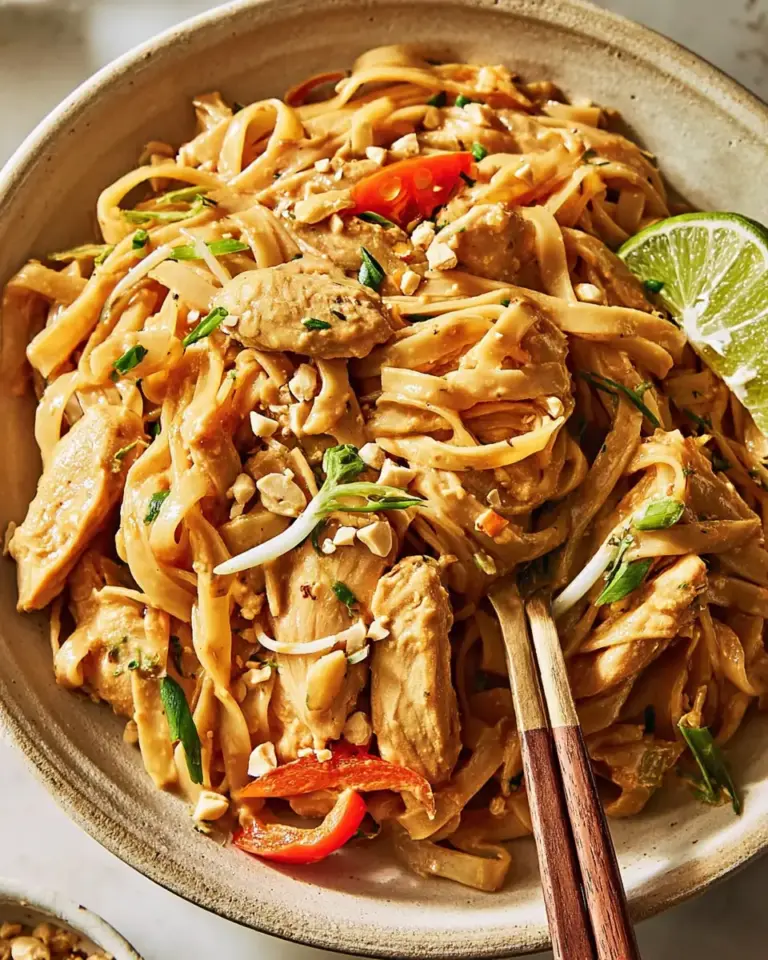 A delicious plate of Creamy Peanut-Lime Chicken With Noodles