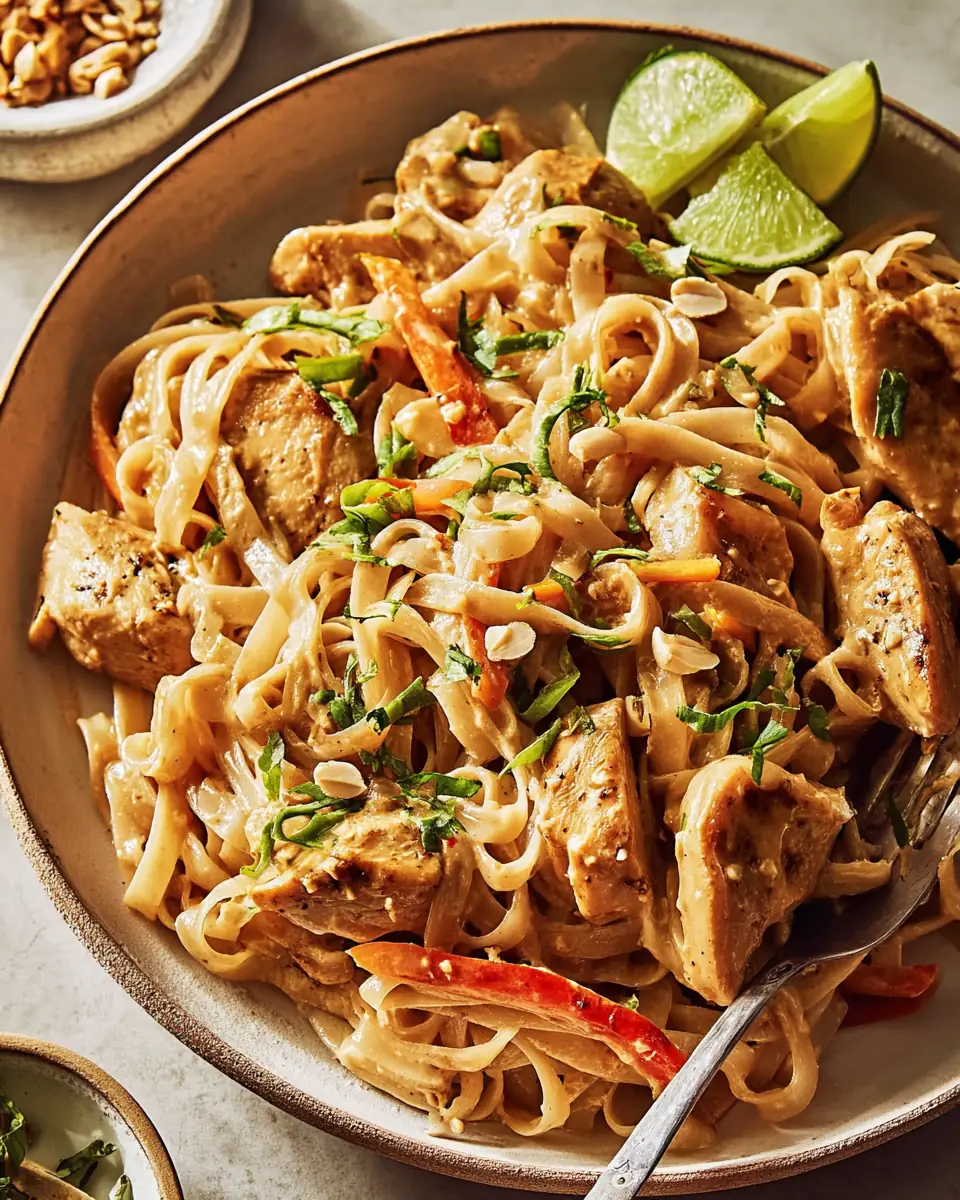 A delicious plate of Creamy Peanut-Lime Chicken With Noodles
