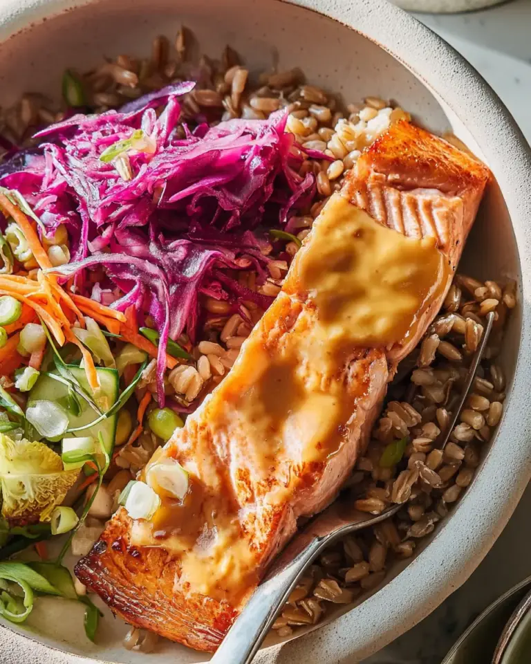 A delicious plate of Miso Salmon & Farro Bowl