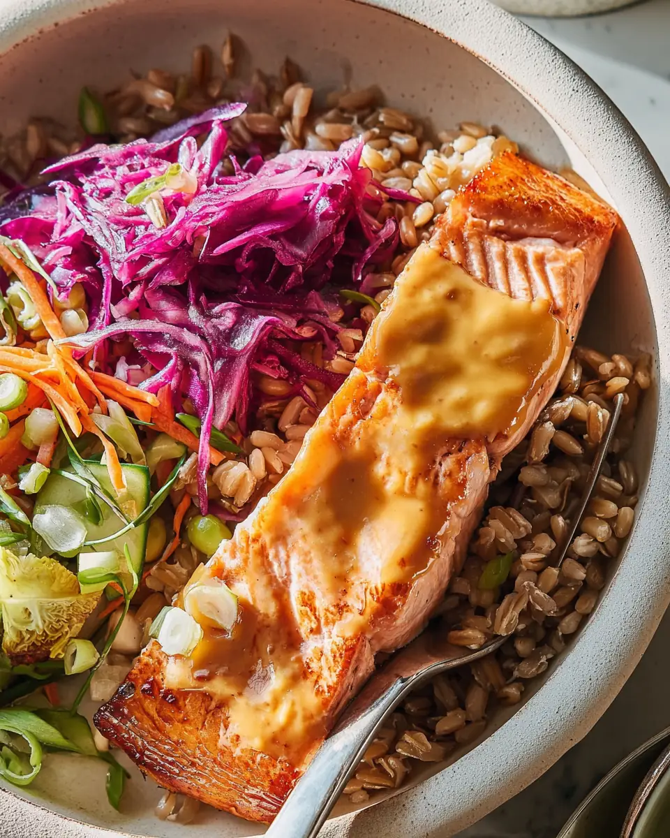 A delicious plate of Miso Salmon & Farro Bowl