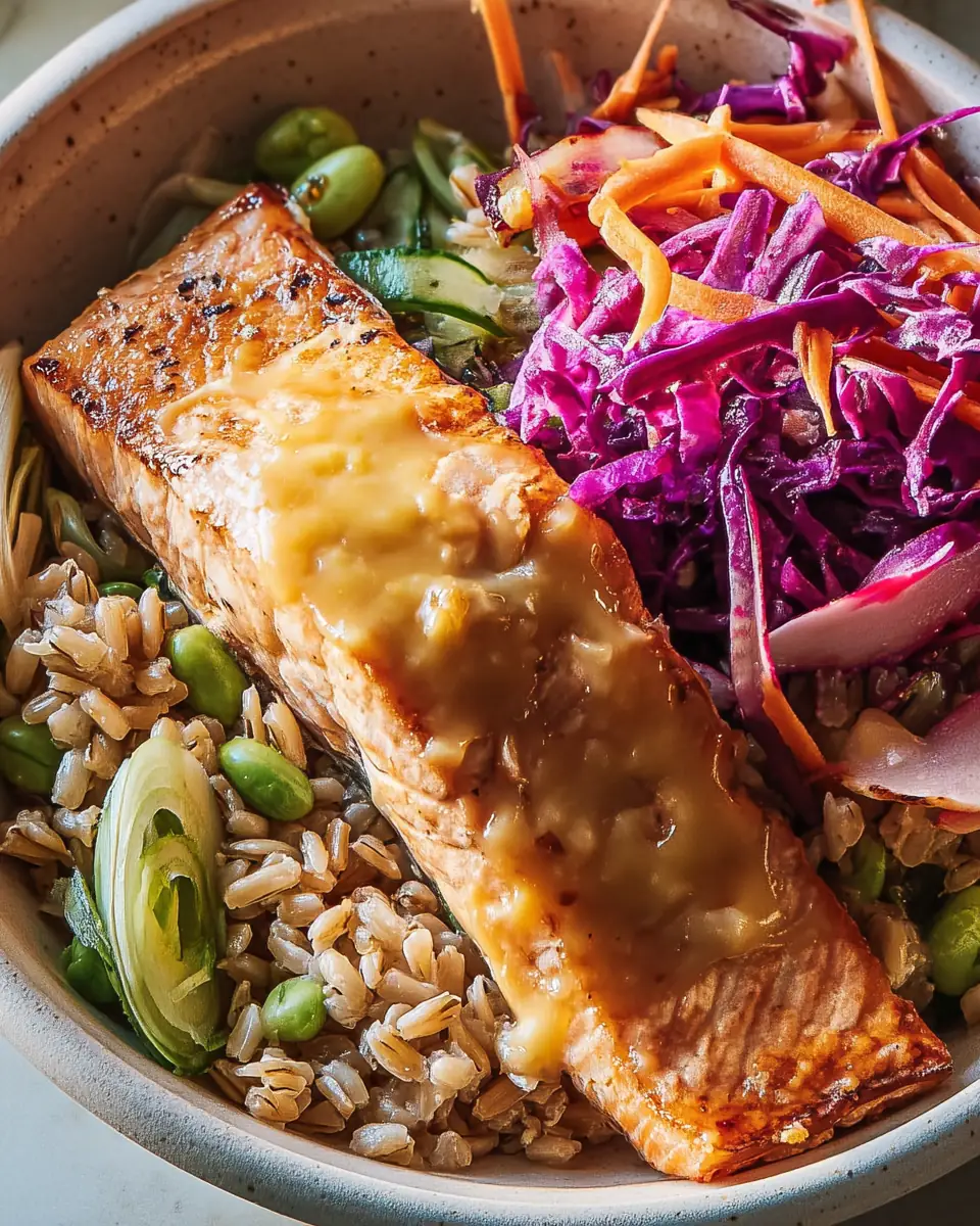 A delicious plate of Miso Salmon & Farro Bowl