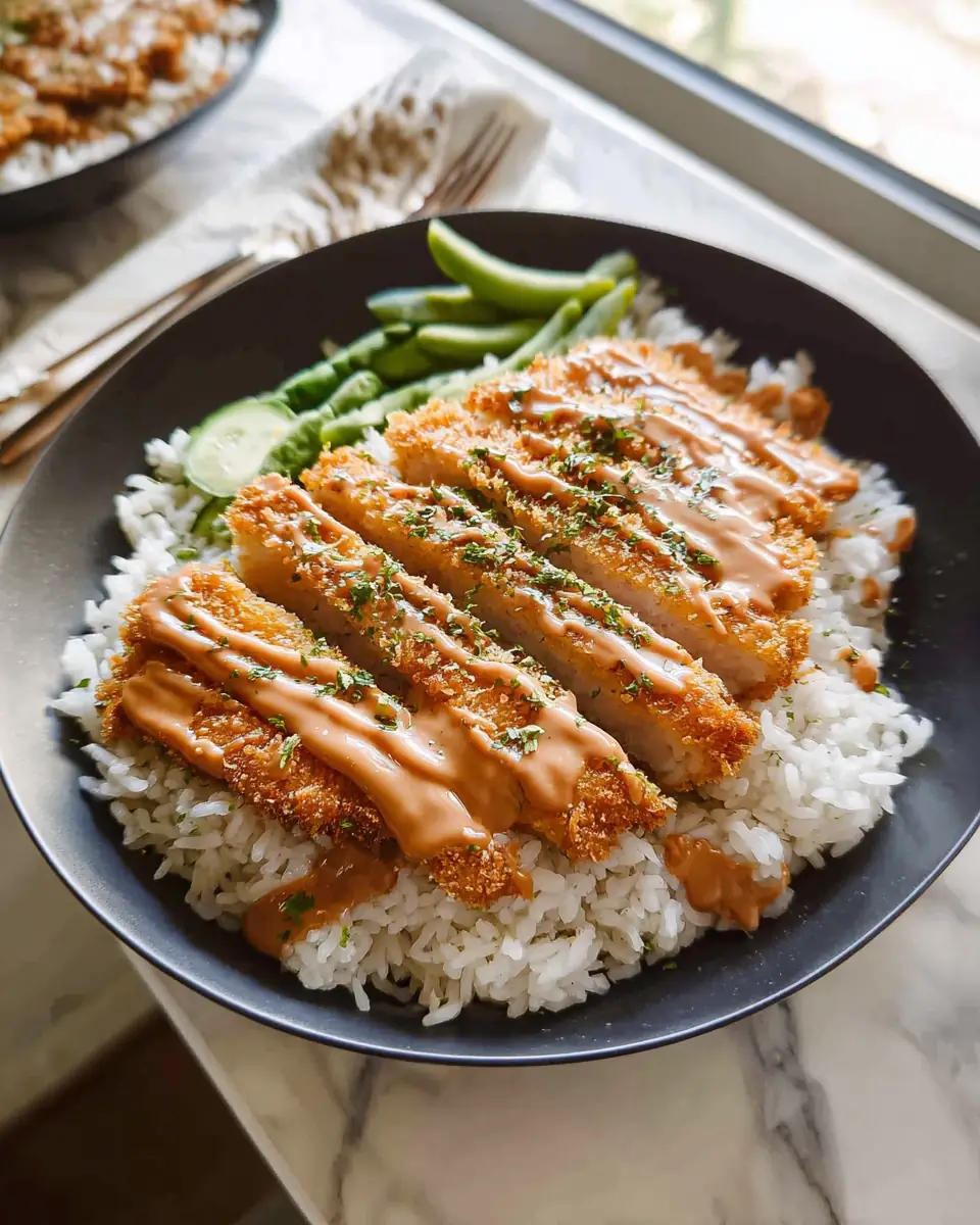 A delicious plate of Air Fryer Chicken Katsu Rice Bowl