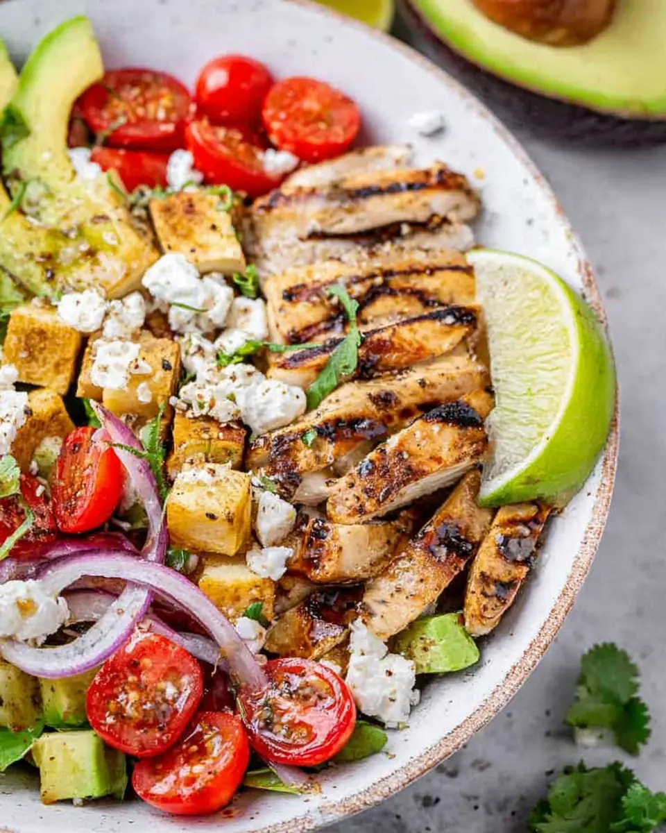 A delicious plate of Grilled Avocado Chicken Salad