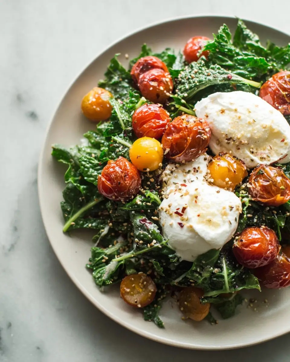 A delicious plate of Kale Salad with Burrata and Roasted Cherry Tomatoes