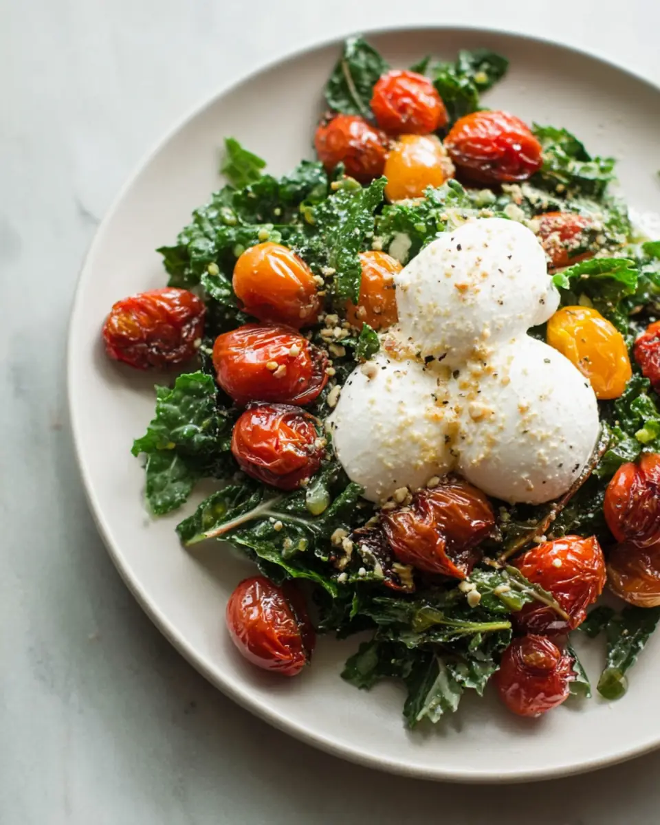 A delicious plate of Kale Salad with Burrata and Roasted Cherry Tomatoes