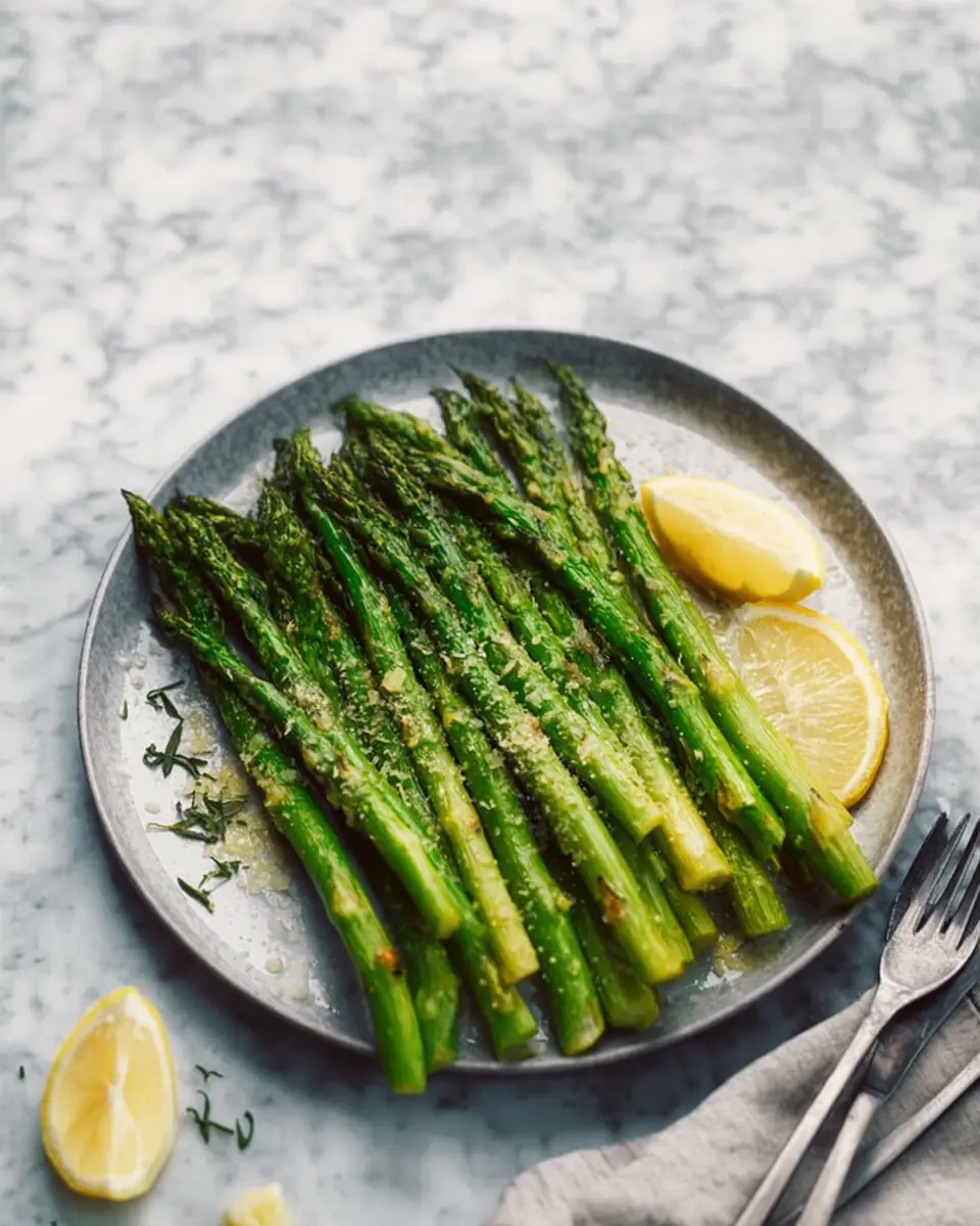 A delicious plate of Oven Roasted Lemon Garlic Asparagus