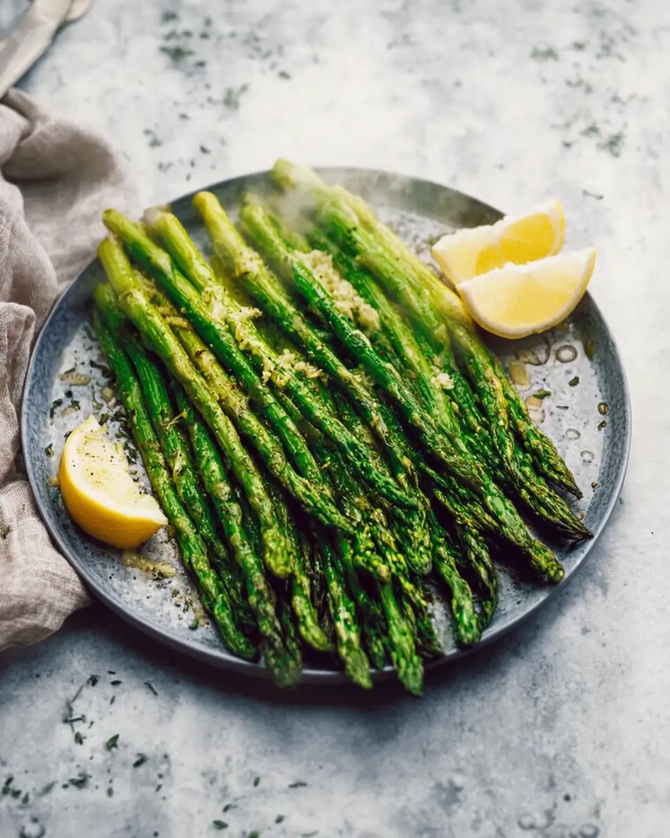 A delicious plate of Oven Roasted Lemon Garlic Asparagus