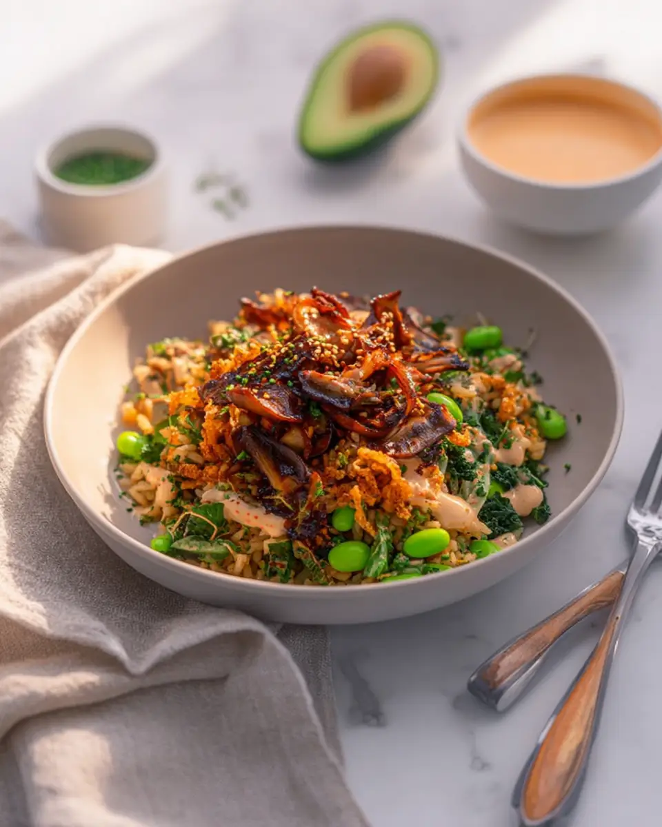 A delicious plate of Crispy Rice Salad with Gochujang Mushrooms