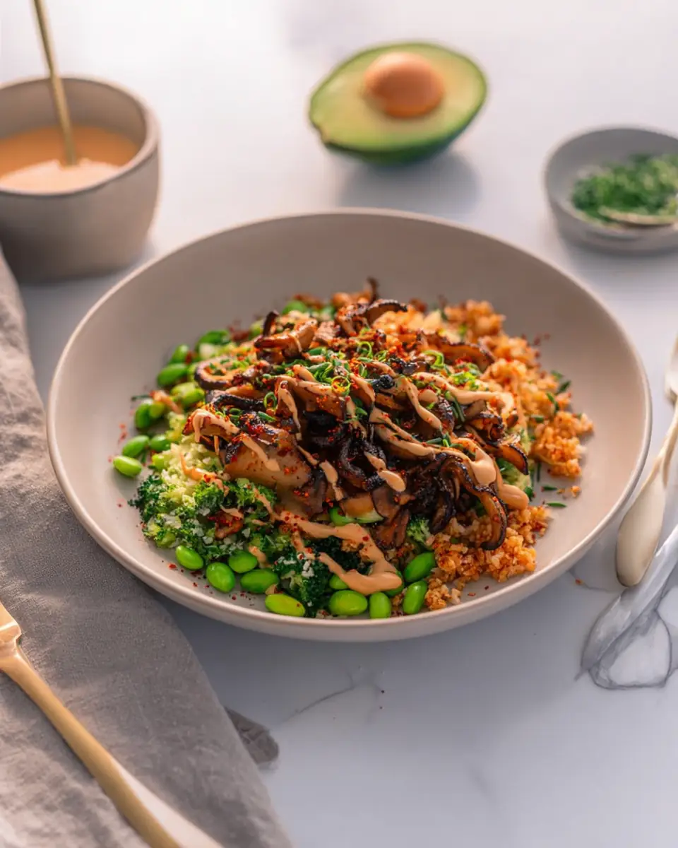 A delicious plate of Crispy Rice Salad with Gochujang Mushrooms