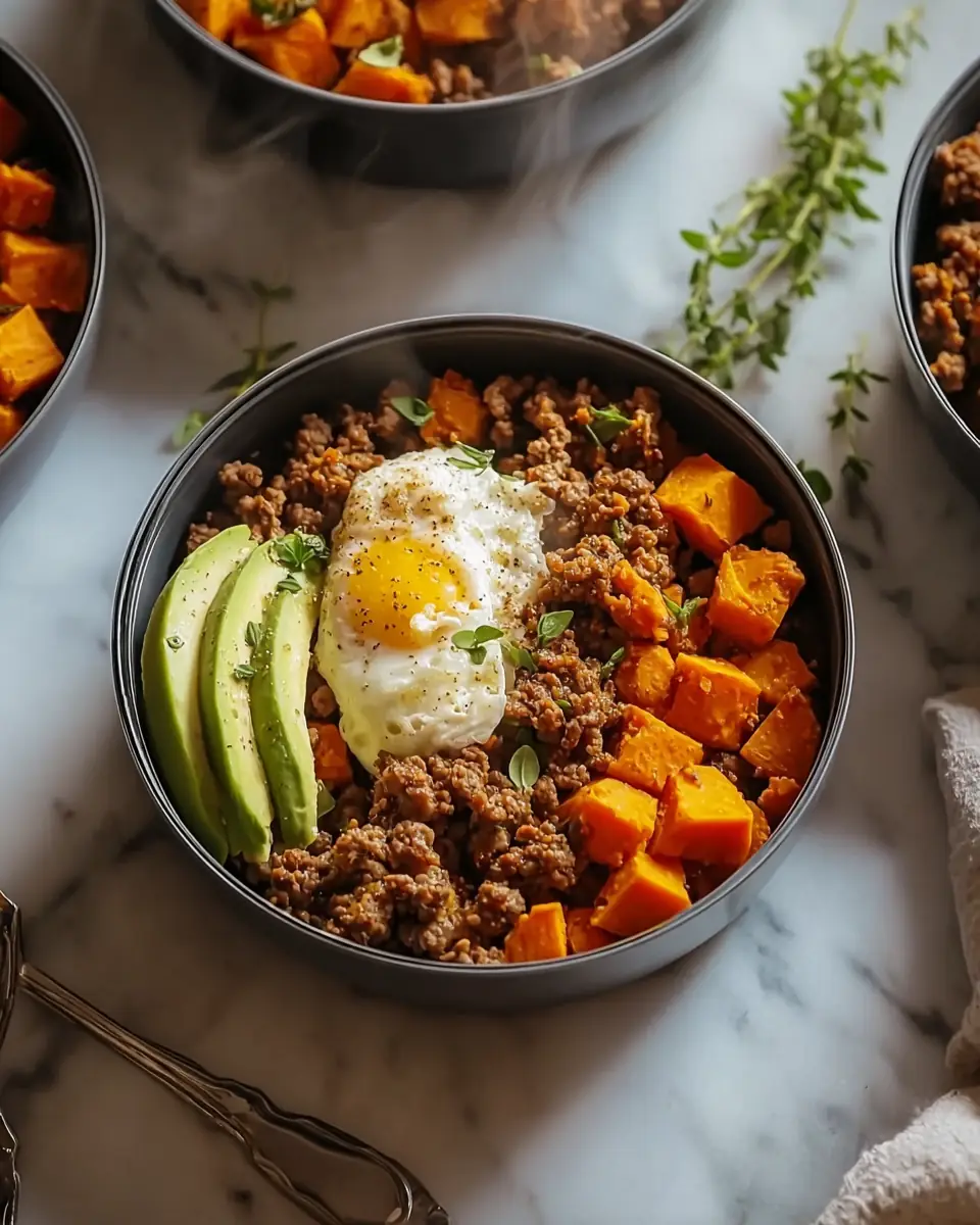 A delicious plate of Hot Honey Ground Beef Sweet Potato Bowls