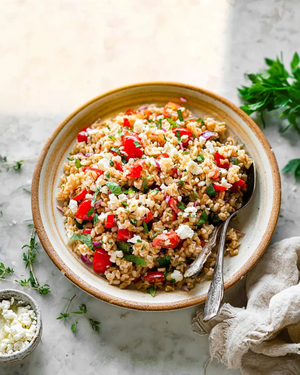 A delicious plate of Mediterranean Brown Rice Salad